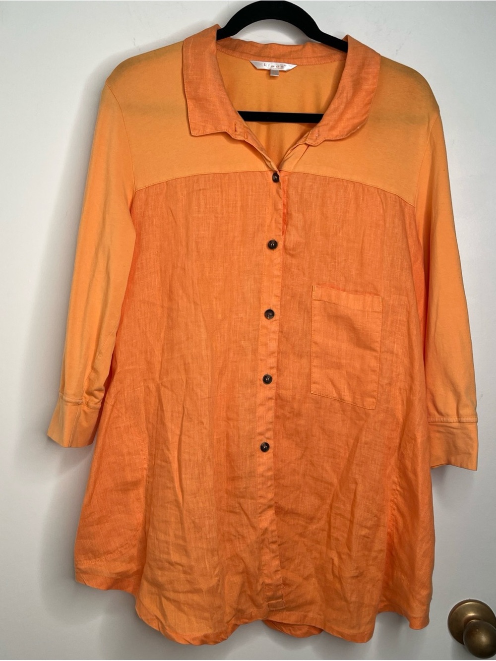 Kleen Tunic Shirt Womens L Orange 100%Linen Buttons Pockets Lagenlook Artsy Fall